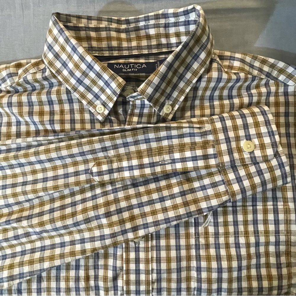 Nautica Men's Checkered Slim fit Shirt - Blue and Tan Medium
